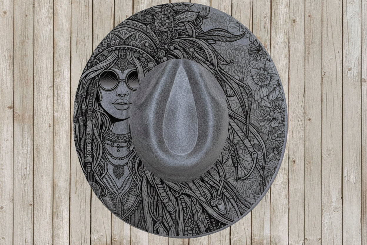 Flat Wide Brim Burned Hat